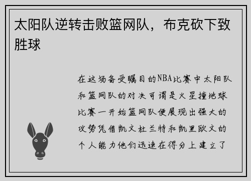 太阳队逆转击败篮网队，布克砍下致胜球